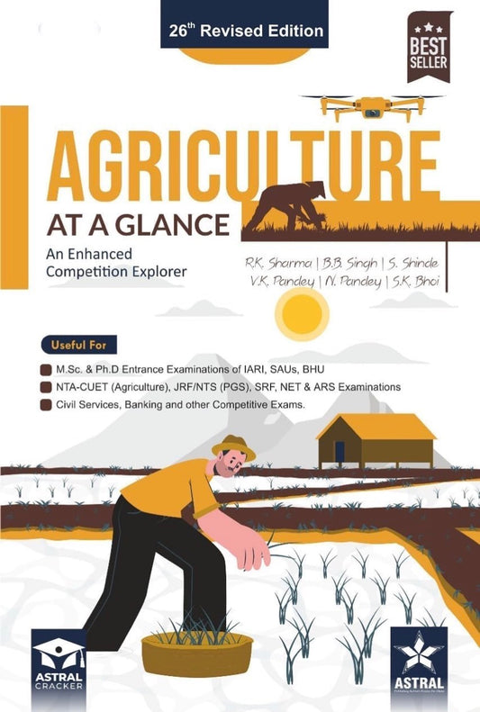 The cover of "Agriculture at a Glance" 25th Revised Edition (2025-26) by R.K. Sharma and B.B. Singh, listing exams like ICAR JRF, SRF, NET, and IBPS-AFO.