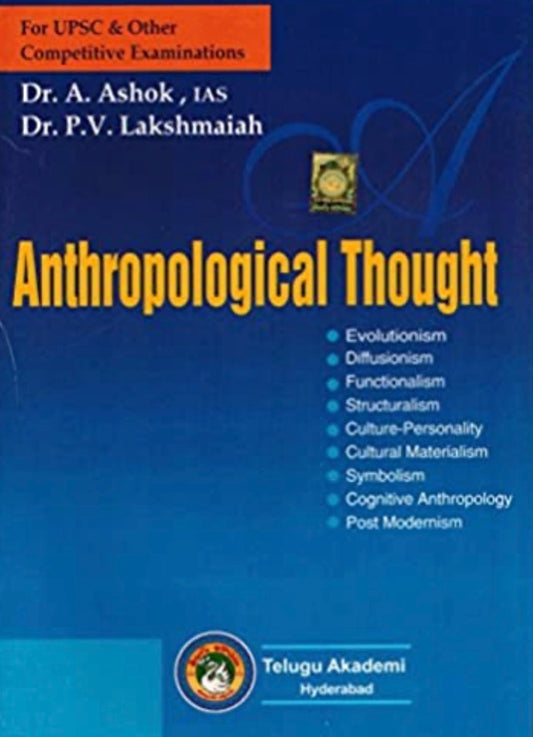 Blue book cover for Anthropological Thought by Dr. A. Ashok and Dr. P.V. Lakshmaiah featuring a list of topics like Evolutionism and Structuralism.