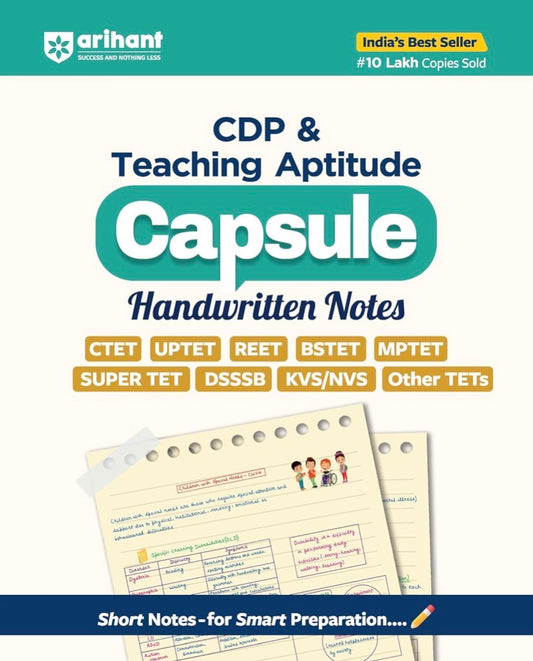 The cover of "Arihant CDP & Teaching Aptitude Capsule Handwritten Notes" in English medium, showing sample handwritten notes for TET exams