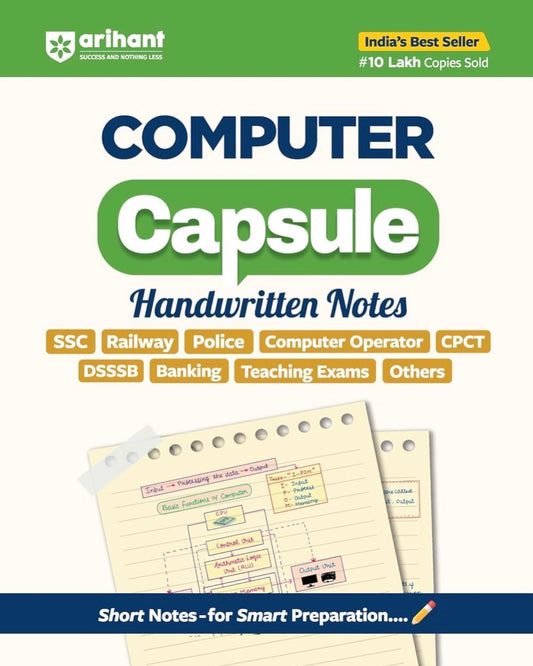 The cover of "Arihant Computer Capsule Handwritten Notes" in English medium, showing a sample of a handwritten flowchart on a notepad for smart preparation.