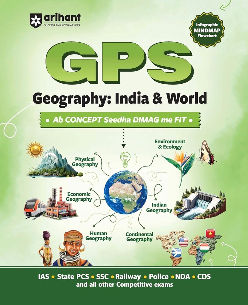 Book cover of 'GPS Geography: India & World' by Arihant with various geographical concepts illustrated.