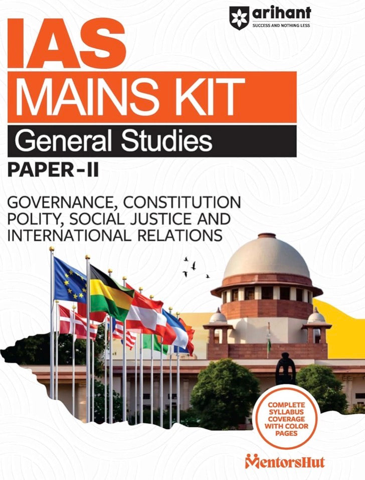 Cover of Arihant IAS Mains Kit General Studies Paper-II featuring the Indian Supreme Court and international flags symbolising governance and diplomacy.