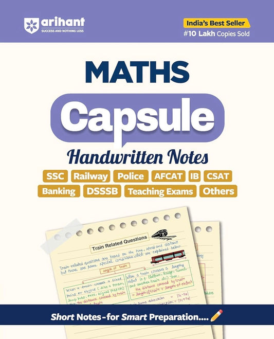 The cover of "Arihant Maths Capsule Handwritten Notes" in English medium, showing sample handwritten notes for SSC, Banking, and Railway exams