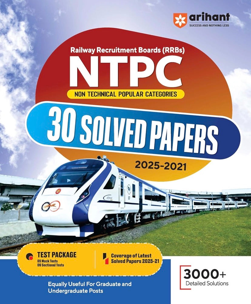 The cover of "Arihant RRBs NTPC CBT (Stage-1) 30 Solved Papers (2025-2021)" in English Medium, highlighting coverage for Graduate & Undergraduate posts.