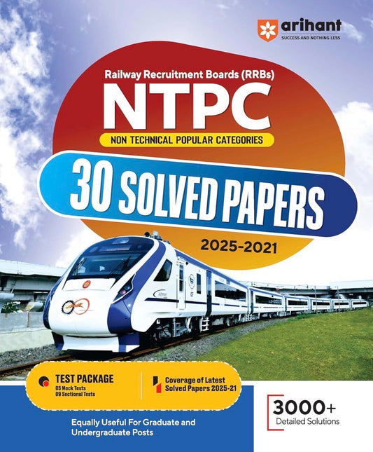 The cover of "Arihant RRBs NTPC CBT (Stage-1) 30 Solved Papers (2025-2021)" in English Medium, highlighting coverage for Graduate & Undergraduate posts.
