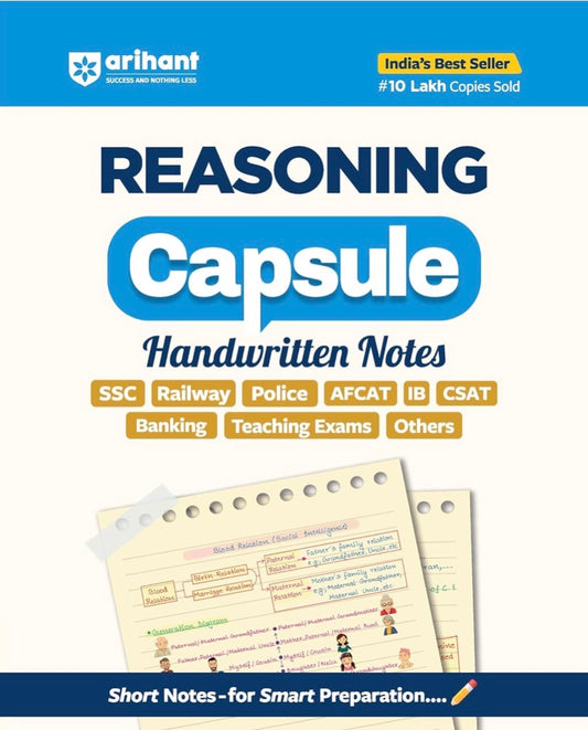 The cover of "Arihant Reasoning Capsule Handwritten Notes" in English medium, showing sample handwritten notes for SSC, Banking, and Railway exams.