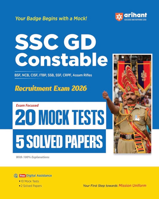 A blue and white book cover titled SSC GD Constable Recruitment Exam 2026 by Arihant featuring a photo of a saluting uniformed officer and details about mock tests.