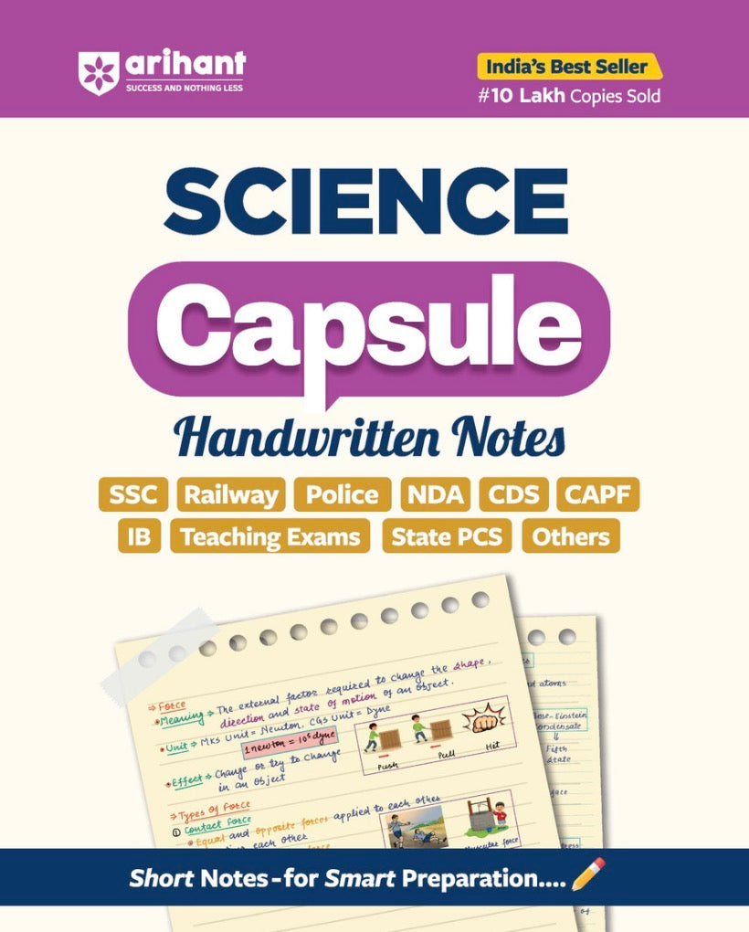 Cover of Arihant’s Science Capsule Handwritten Notes showing colourful short notes and diagrams for competitive exam preparation in science.