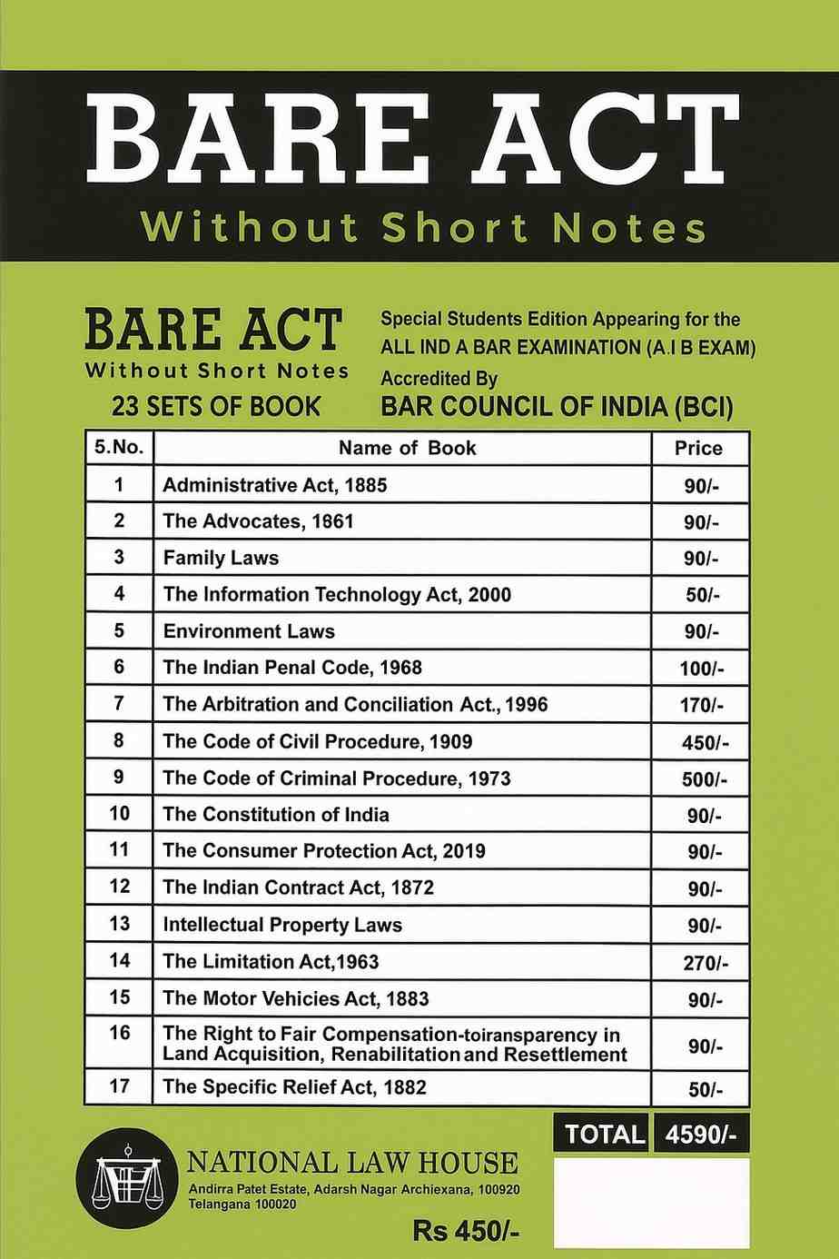 The cover of the "Bare Act Without Short Notes 23 Books Set" from National Law House, listing various Indian laws for the AIBE exam.