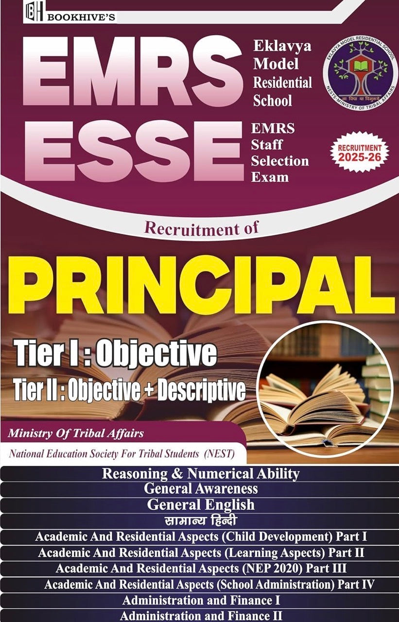 Cover of Bookhive’s EMRS ESSE Principal Recruitment Guide for 2025–26 featuring open books, maroon background, and subject listing.