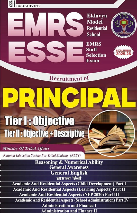 Cover of Bookhive’s EMRS ESSE Principal Recruitment Guide for 2025–26 featuring open books, maroon background, and subject listing.