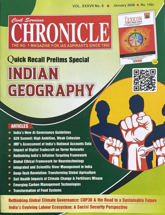The green cover of the Civil Services Chronicle January 2026 issue features the headline "Indian Geography" and silhouettes of workers holding tools.