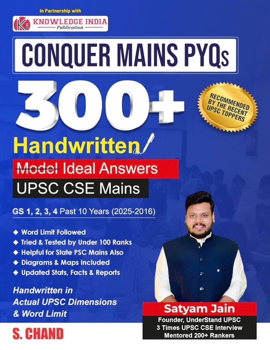 A blue educational book cover titled Conquer Mains PYQs by Satyam Jain featuring large text 300+ Handwritten and a photograph of the author in a navy vest.