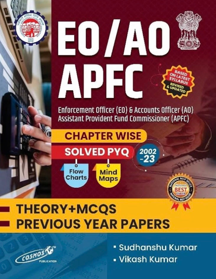 Cover of “EO/AO APFC Chapter Wise Solved PYQ 2002–23” by Sudhanshu Kumar and Vikash Kumar, featuring exam guide details and bold red-blue design.