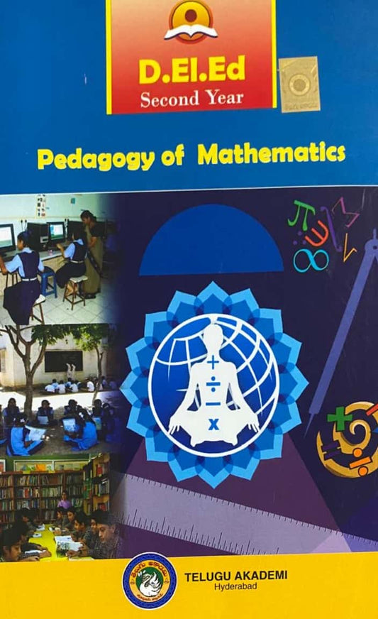 The cover of the D.El.Ed. 2nd Year textbook "Pedagogy of Mathematics" by Telugu Akademi, showing a central math-themed logo and classroom images