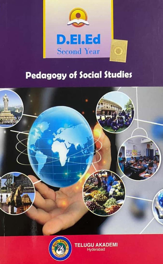 The cover of the D.El.Ed. 2nd Year textbook "Pedagogy of Social Studies" by Telugu Akademi, showing a hand holding a globe surrounded by cultural and economic symbols.