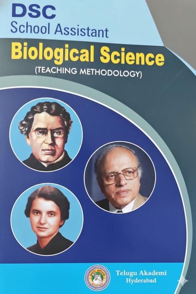 Cover of Telugu Akademi DSC School Assistant Biological Science Teaching Methodology book featuring portraits of noted scientists on a blue background.