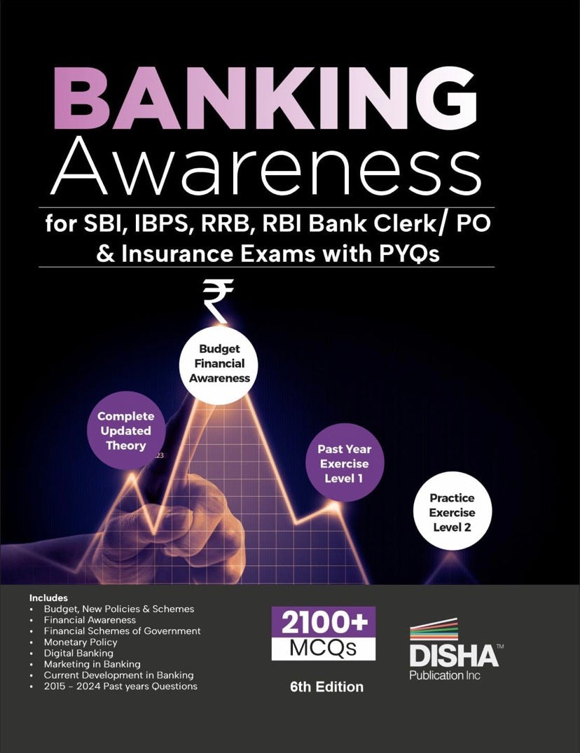The cover of "Banking Awareness for SBI, IBPS, RRB, RBI Bank Clerk & PO Exams" by Disha Publication (6th Edition) in English Medium.