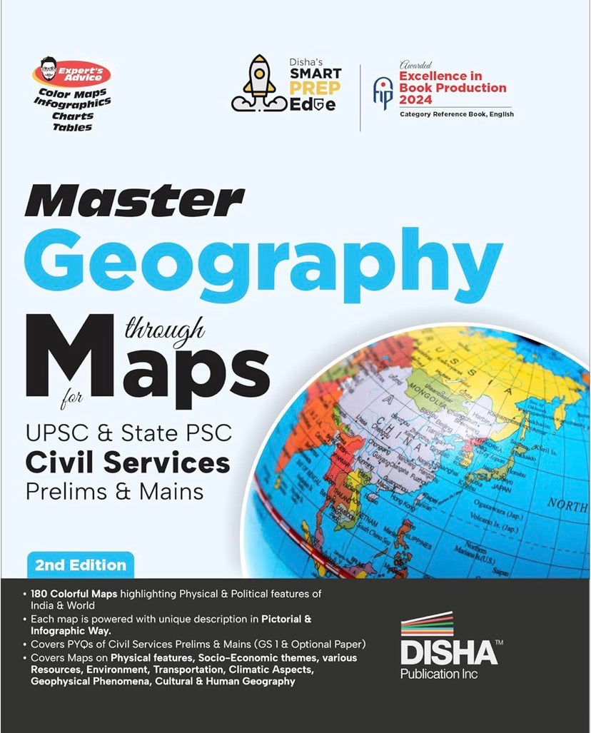 The cover of "Master Geography through Maps" 2nd Edition by Disha Publication, showing a globe and highlighting "180 Colorful Maps" for UPSC & State PSC exams.
