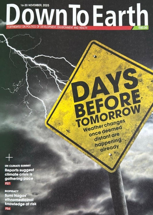 Down To Earth magazine cover from November 2025 featuring a weathered yellow warning sign reading "Days Before Tomorrow" set against a dark, stormy sky with lightning.