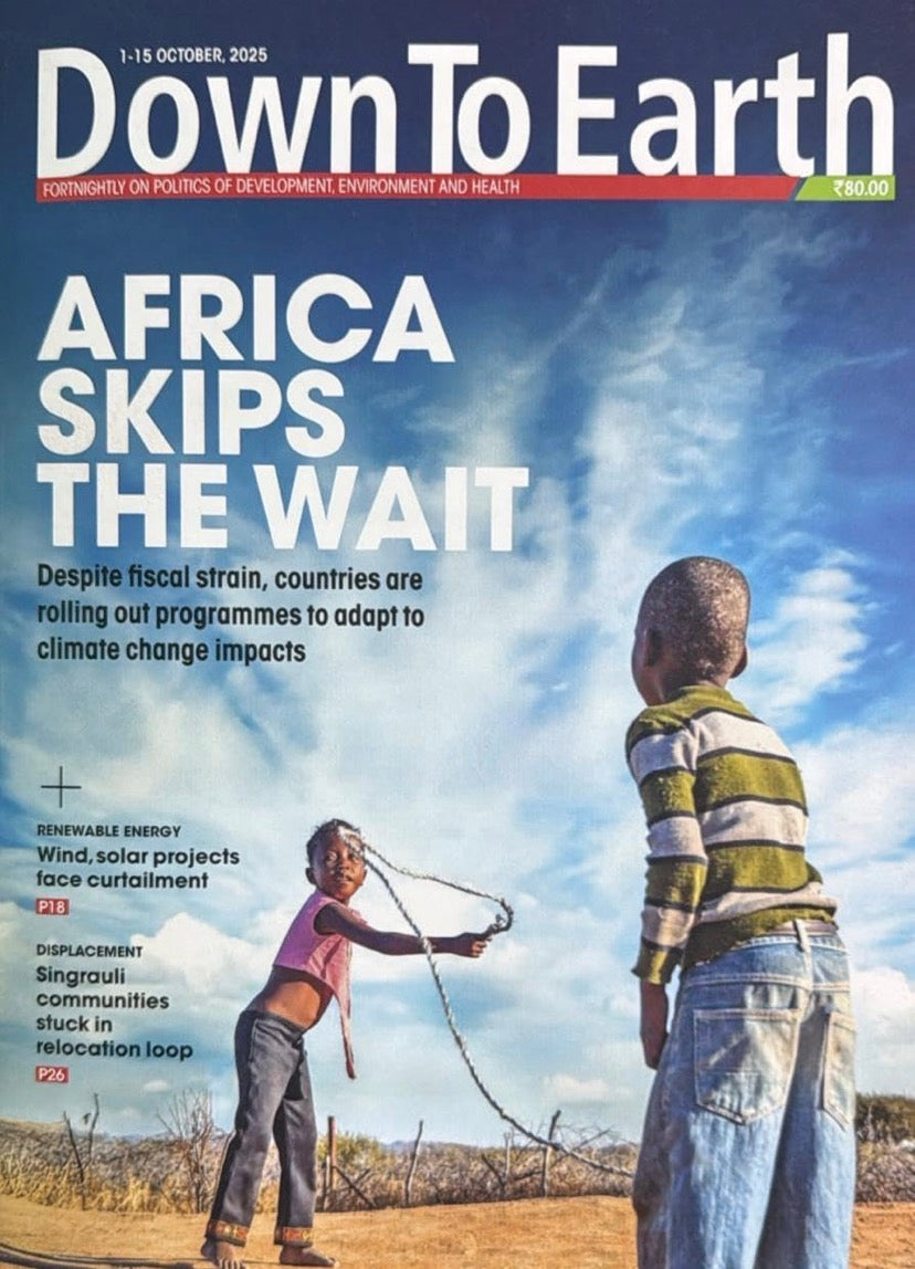 Cover of Down To Earth magazine October 1–15, 2025 edition featuring African children playing under a bright sky, symbolising resilience amid climate change.