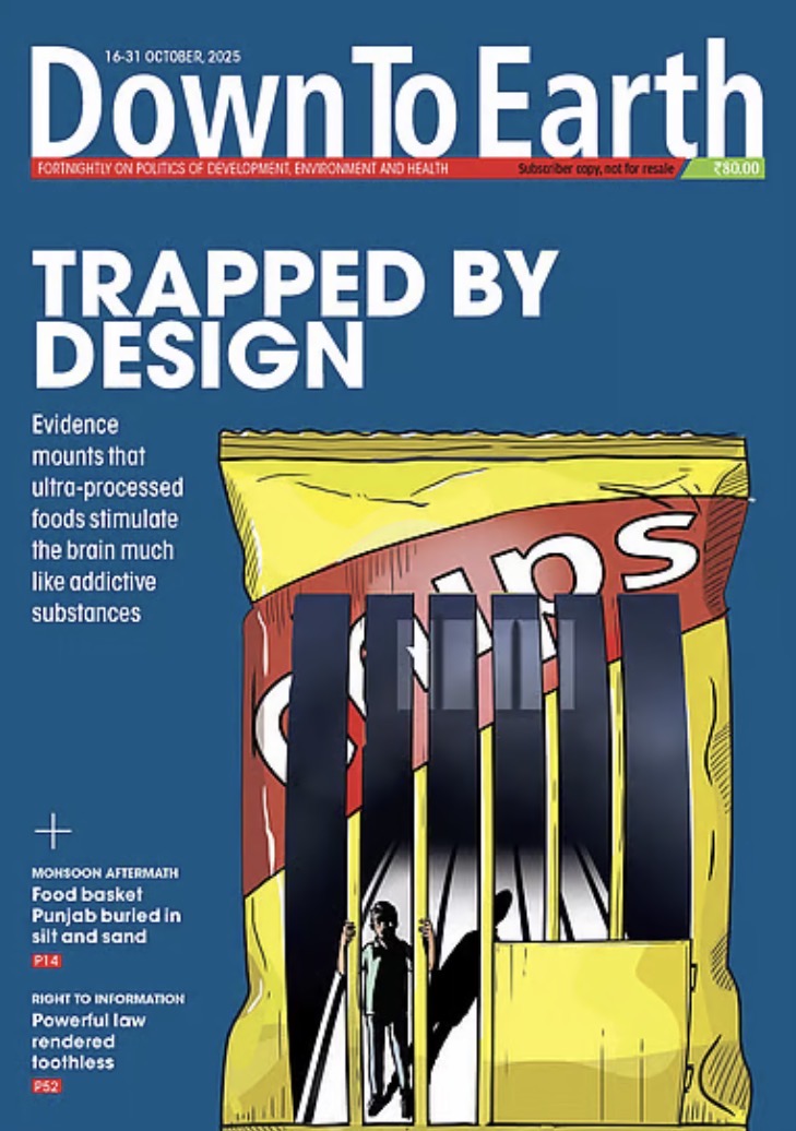 Cover of Down To Earth magazine October 16–31, 2025 issue titled “Trapped by Design,” depicting a person trapped inside a chips packet.
