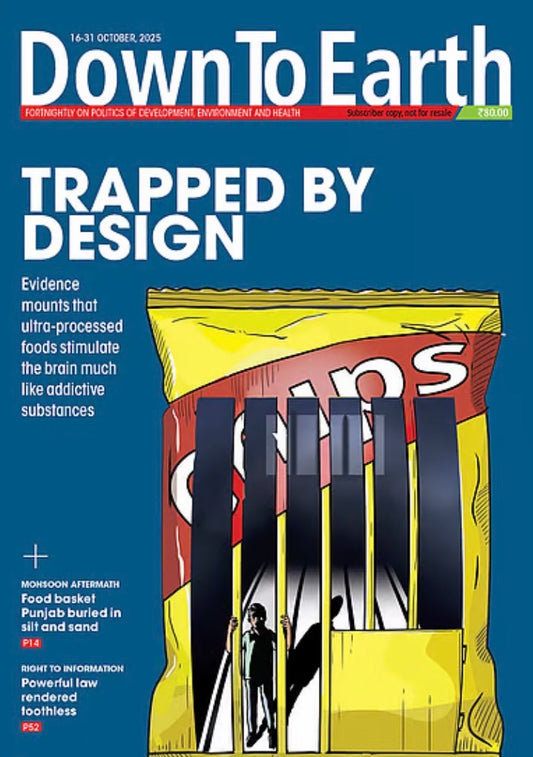 Cover of Down To Earth magazine October 16–31, 2025 issue titled “Trapped by Design,” depicting a person trapped inside a chips packet.