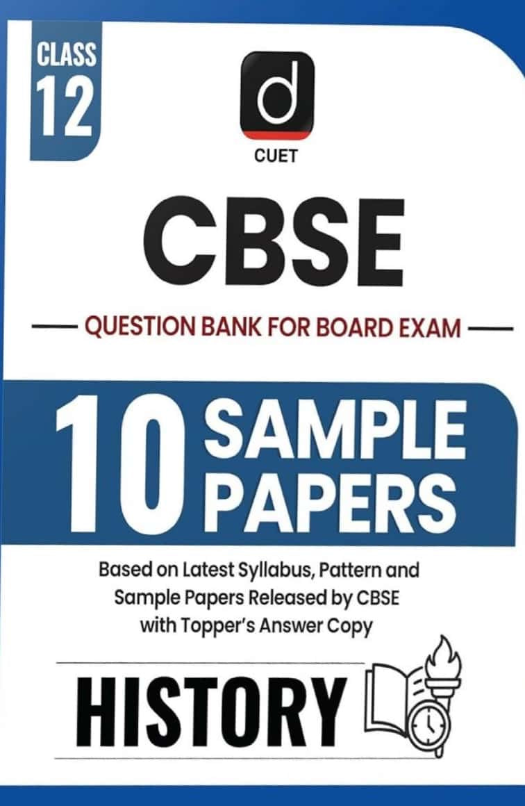 The cover of "Drishti CBSE Class 12 History Question Bank, 10 Sample Papers," showing a clean blue and white design