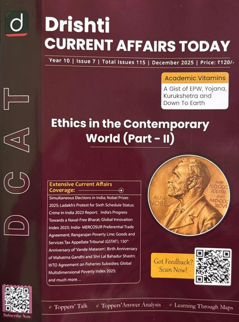The cover of "Drishti Current Affairs Today (DCAT)" for December 2025, showing the main topic "Ethics in the Contemporary World (Part - II)."
