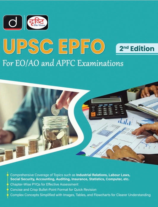 Cover of "UPSC EPFO 2nd Edition" exam preparation book by Drishti IAS, showing financial imagery, charts, and study highlights.