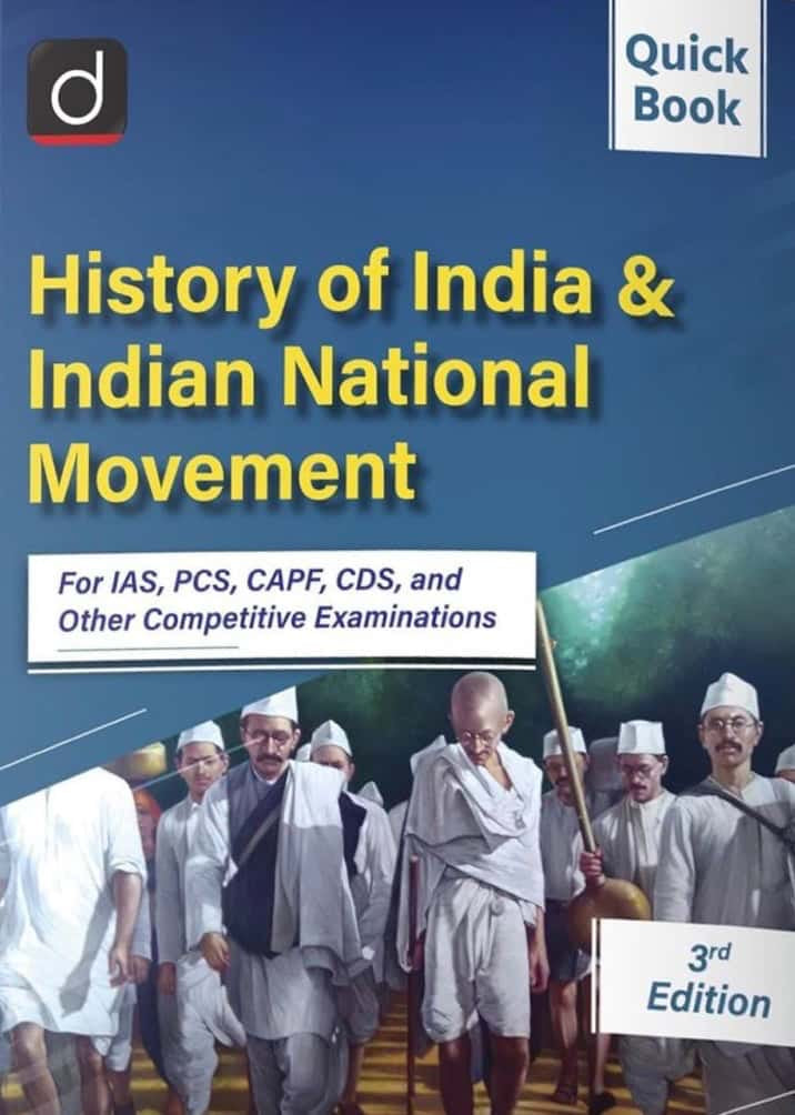 The cover of the "Drishti Quick Book: History of India & Indian National Movement," 3rd Edition, showing a black-and-white photo of Gandhi's Dandi March.
