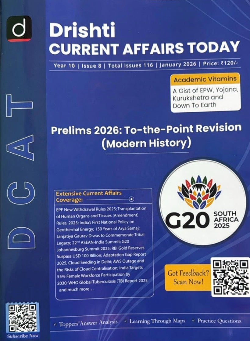 Book titled 'Drishti Current Affairs Today' with G20 South Africa logo on a blue background