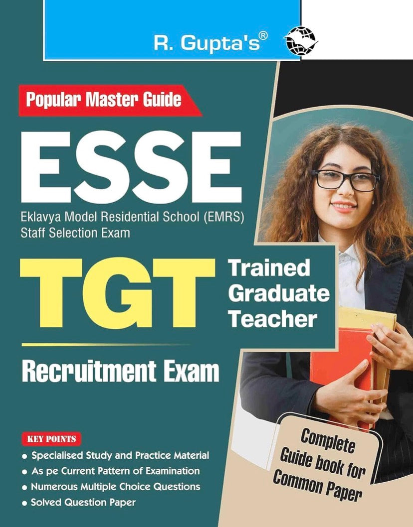 Cover of "R. Gupta's ESSE TGT Recruitment Exam Guide" for EMRS Trained Graduate Teacher exam preparation, showing title, key features, and a student holding books.