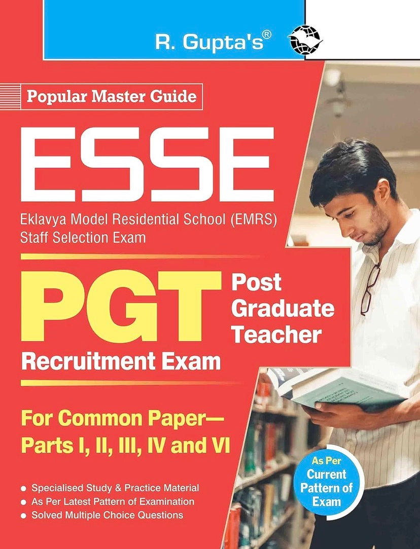 Cover of R. Gupta’s EMRS PGT Recruitment Exam Guide showing a student reading in a library with bold red and yellow typography.