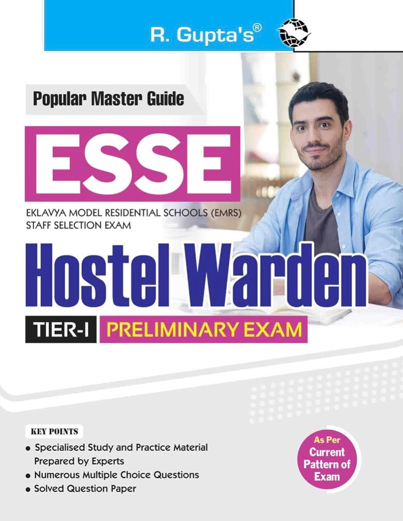 Cover of R. Gupta’s ESSE EMRS Hostel Warden Tier-I Preliminary Exam Guide featuring key points, MCQs, and solved papers.