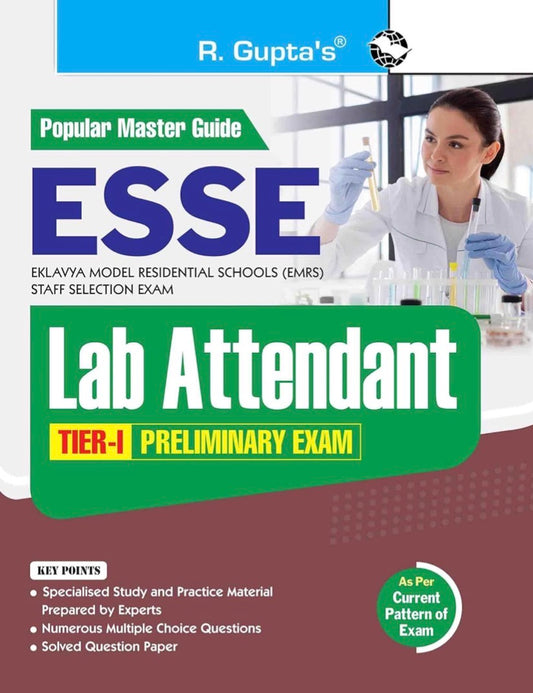 Cover of R. Gupta’s ESSE EMRS Lab Attendant Tier-I Preliminary Exam Guide featuring study material, MCQs, and solved question paper.