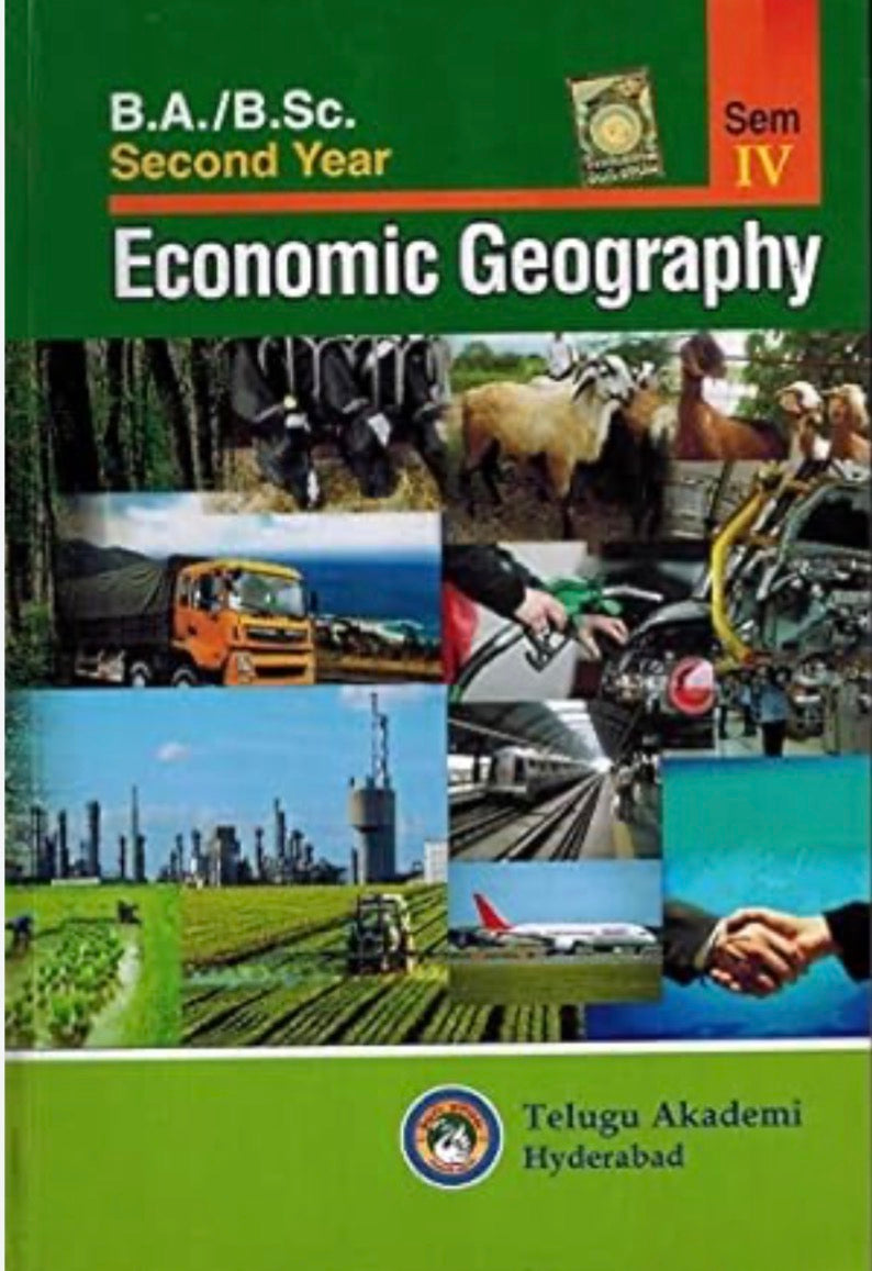 The green book cover features the English title "Economic Geography" above a grid of images depicting livestock, transportation vehicles, industrial plants, and agricultural fields.