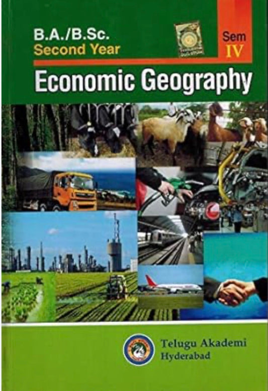 The green book cover features the English title "Economic Geography" above a grid of images depicting livestock, transportation vehicles, industrial plants, and agricultural fields.