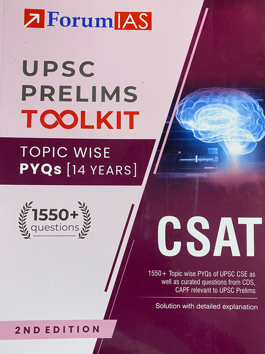 The book cover for Forum IAS UPSC Prelims Toolkit CSAT features a split white and purple background with a digital brain graphic and text highlighting 1550+ questions.