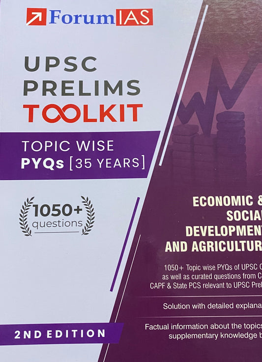 The book cover for Forum IAS Economics & Agriculture Toolkit features a white and purple design with financial graphs and coin stacks highlighting 1050+ practice questions.