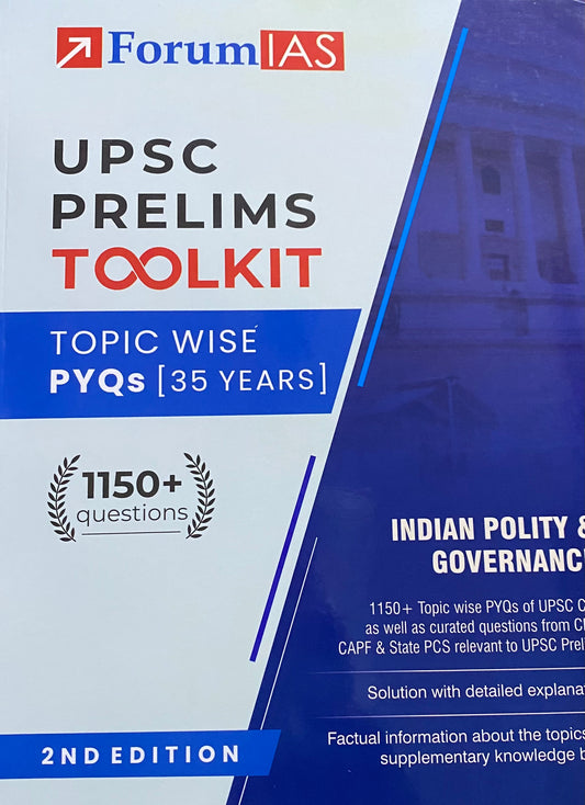 The book cover for Forum IAS Indian Polity & Governance Toolkit features a white and blue design with a faint image of a government building and text highlighting 1150+ practice questions.
