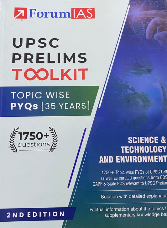 The book cover for Forum IAS Science & Technology and Environment Toolkit features a white and blue design with a digital globe and DNA imagery highlighting 1750+ questions.