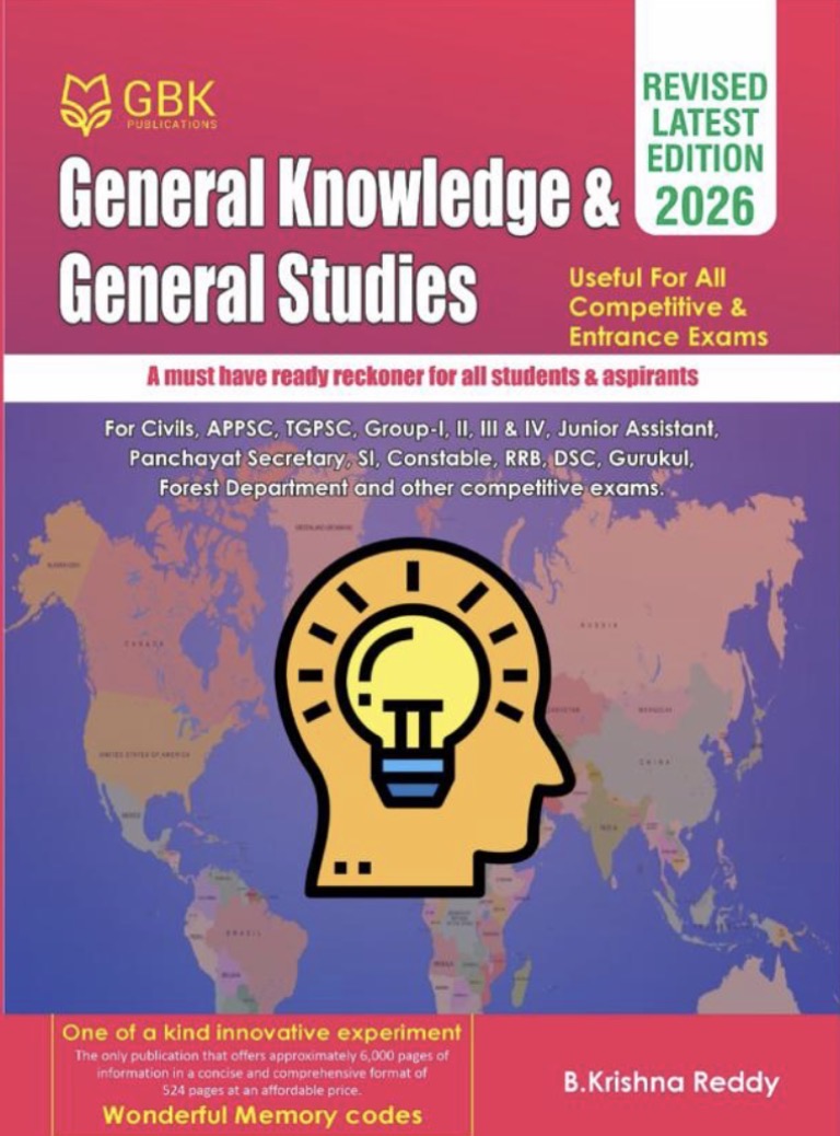 The cover of "GBK General Knowledge & General Studies 2026 Revised Edition" by B. Krishna Reddy, showing a world map with an icon of a head and a lightbulb