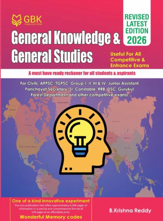 The cover of "GBK General Knowledge & General Studies 2026 Revised Edition" by B. Krishna Reddy, showing a world map with an icon of a head and a lightbulb