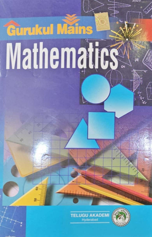 Cover of Gurukul Mains: Mathematics by Telugu Akademi featuring geometric shapes, rulers, and graph motifs in blue and yellow tones.