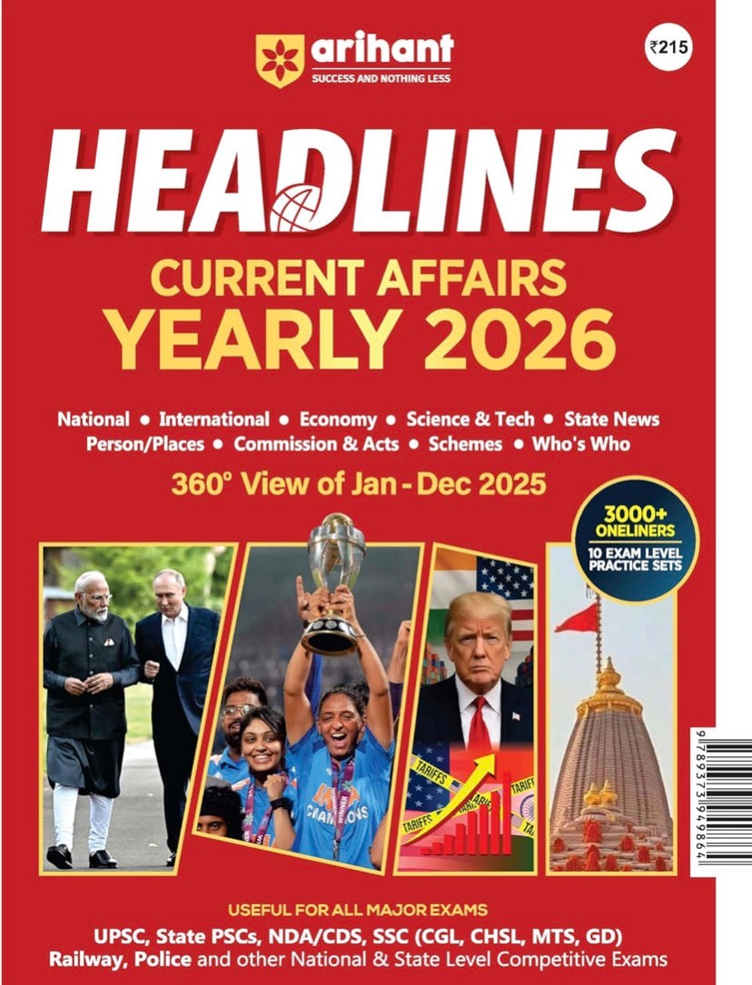 Red cover of Headlines Current Affairs Yearly 2026 by Arihant featuring images of global political leaders, a cricket trophy victory, and a temple.