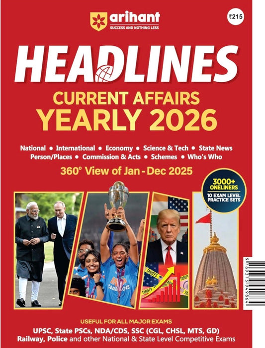 Red cover of Headlines Current Affairs Yearly 2026 by Arihant featuring images of global political leaders, a cricket trophy victory, and a temple.