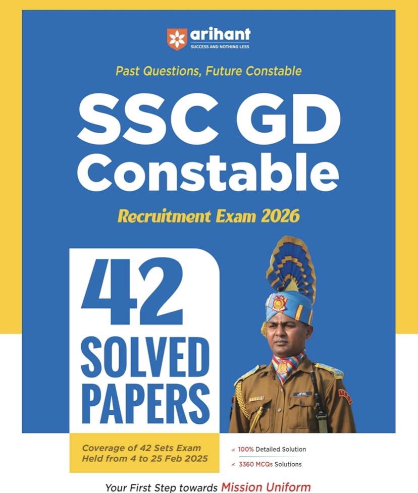 Book cover of SSC GD Constable Recruitment Exam 2026 with Arihant logo and solved papers information.