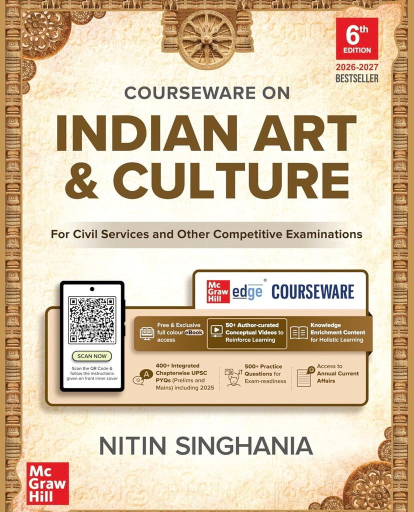 The cover of "Indian Art and Culture" by Nitin Singhania (5th Edition) from McGraw Hill, featuring a collage of Indian cultural heritage images like Kathakali and temples.