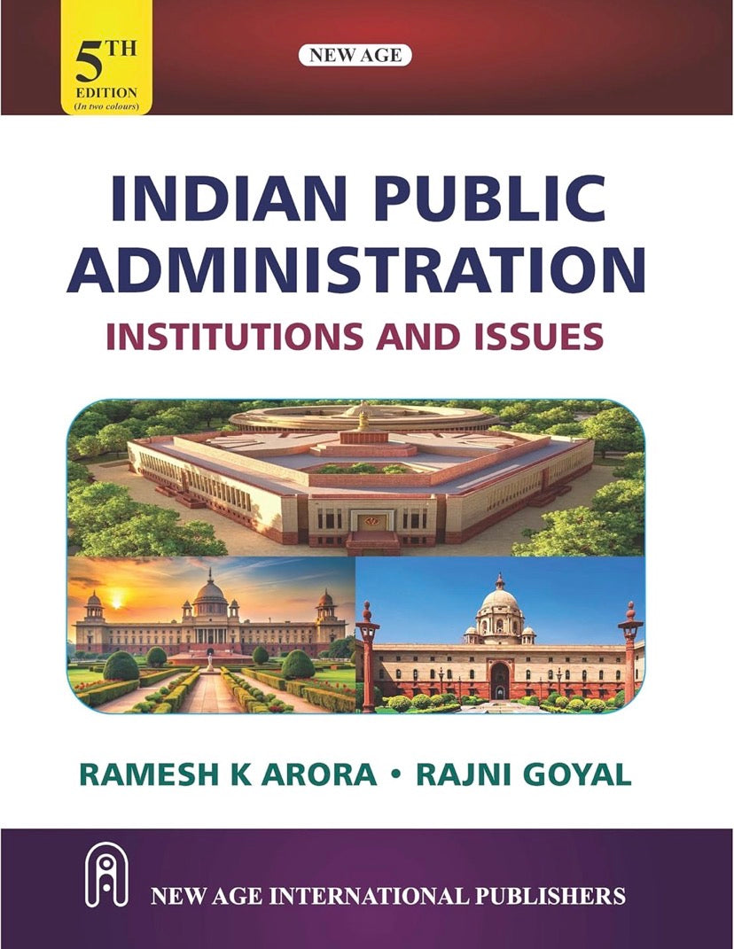 A white and maroon academic book cover titled Indian Public Administration featuring photographs of the New Parliament Building and Rashtrapati Bhavan.